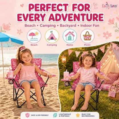 Emily Rose Kids Pink Folding Beach Camp Chair with Cup Holder Safety Lock & Carry Case - Toddler Girls Chair Ages 2-7 Indoor Outdoor Lightweight Portable - Floral Design 125lb Capacity