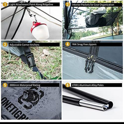 OneTigris COSMITTO 2 Person Backpacking Tent Shelter- Free Standing Lightweight Waterproof 3 Season Camping Tent for Outdoor Hiking Mountaineering