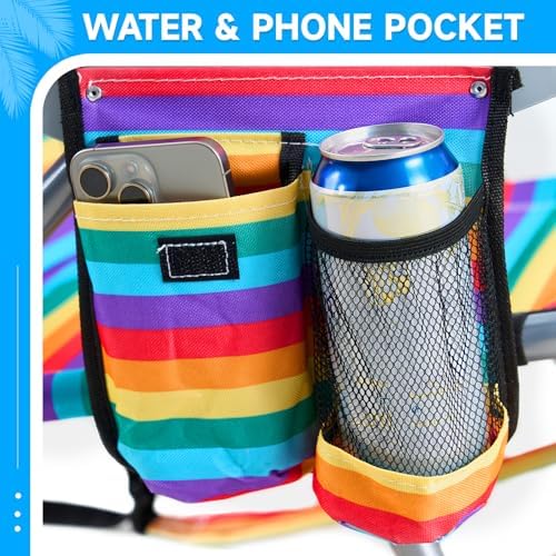 2 Pack Lightweight Portable Camping Beach Chair for Adults, Outdoor Lay Flat Folding Beach Chairs with 5 Positions, Backpack Beach Chair with Towel Bar, Zipper Pouch, Rainbow Striped
