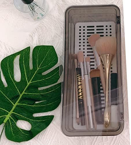 Flatware Tray Kitchen Drawer Organizer With Lid And Drainer - Plastic Kitchen Cutlery Tray and Utensil Storage Container with Cover - Dinnerware Holder for Spoons Forks Knives 10.0x4.3x2.8