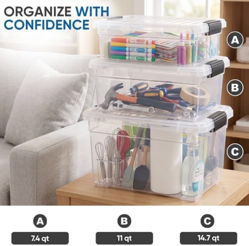 Superio 7.4 Quart Clear Plastic Storage Bin with Lid, Stackable Organizer Box, BPA-Free Storage Container for Home, Garage, School & Office, 1 Pack