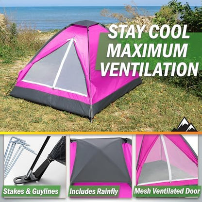 2 Person Camping Tent with Rain Fly and Carrying Bag - Lightweight Outdoor Pop Up Tents for Camping Essentials, Music Festivals, Backpacking, Hiking, or Beach Shelter by Wakeman Outdoors