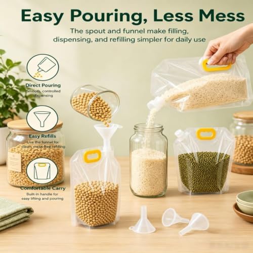 Airtight Grain Storage Bags with Handle, 5 Pack Large Capacity Cereal Containers Storage, Moisture-Proof Stand-Up Dry Food Pouches, Reusable Rice Sealed Container for Kitchen & Pantry (10PCS, 2.5)