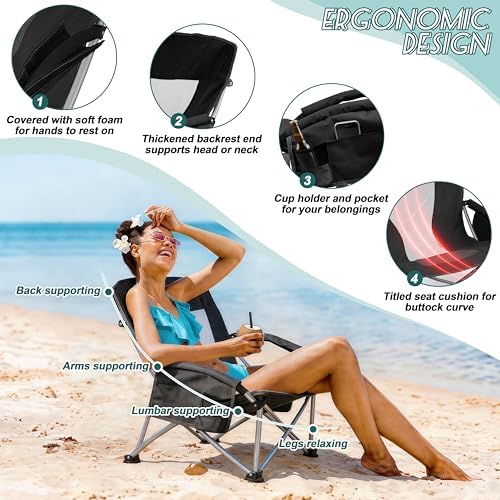 HaSteeL Low Beach Chairs for Adults, Lightweight Camping Folding Chair with Carrying Bag, Portable for Outdoors Lawn Backyard Patio RV Trip Fishing Sport Tailgating, Support 300LBS, Black, 2 Pack