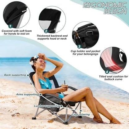 HaSteeL Low Beach Chairs for Adults, Lightweight Camping Folding Chair with Carrying Bag, Portable for Outdoors Lawn Backyard Patio RV Trip Fishing Sport Tailgating, Support 300LBS, Black, 2 Pack