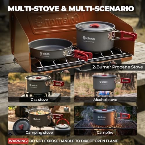 ALOCS 19pcs Camping Cookware Mess Kit, Pots and Pans Set with Kettle
