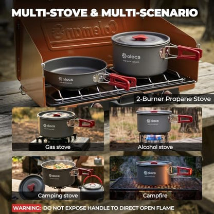 ALOCS 19pcs Camping Cookware Mess Kit, Pots and Pans Set with Kettle