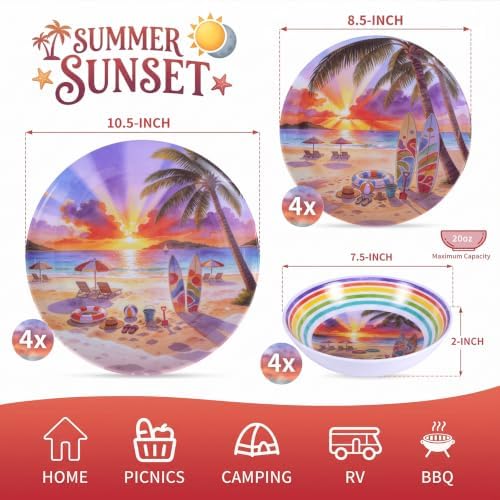 12-Piece Melamine Plates and Bowls Set, Beach Sunset Dinnerware Set