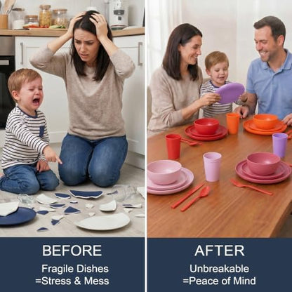 28 Piece Plates and Bowls Sets for 4, Unbreakable Dinnerware Set