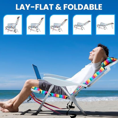 2 Pack Lightweight Portable Camping Beach Chair for Adults, Outdoor Lay Flat Folding Beach Chairs with 5 Positions, Backpack Beach Chair with Towel Bar, Zipper Pouch, Rainbow Striped