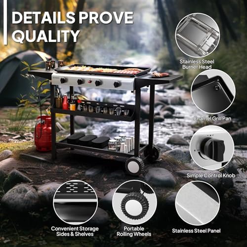 ROVSUN 4 Burner Portable Propane Griddle with Electronic Ignition, 40000 BTU Rolling Flat Top Gas Grill with Nonstick Enameled Tray, Side Shelves & Regulator for Outdoor Cooking Camping BBQ Tailgating