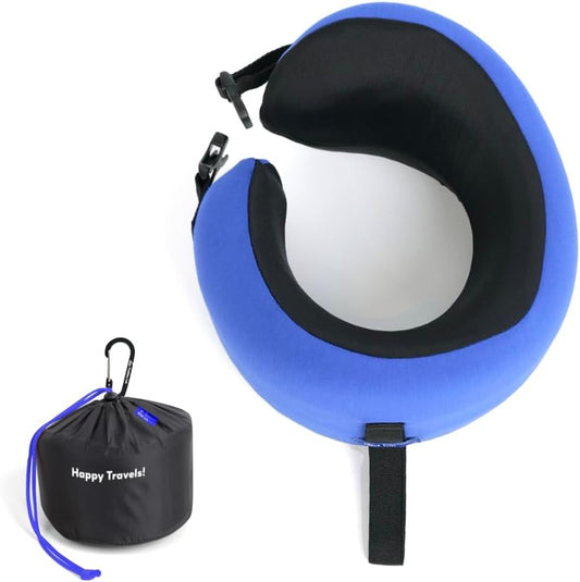 C CUSHION LAB Travel Pillow, Award-Winning Patented Ergonomic Design for Chin & Neck Support Memory Foam Neck Pillow, Compact Airplane Pillow for Traveling, Flight, Car (Cobalt Blue, Medium)