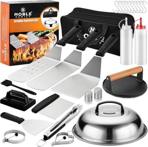 N NOBLE FAMILY 27 PCS Griddle Accessories Kit, Flat Top Grill Accessories Set for Camping, Professional Griddle Spatula Set with Melting Dome, Burger Press for Outdoor BBQ Teppanyaki