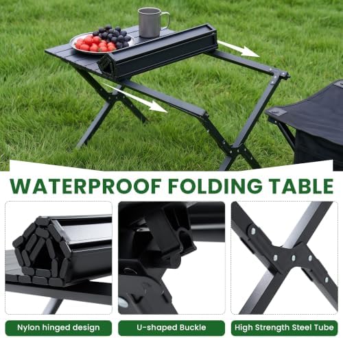 4 Pack Folding Camping Chairs with Table Set, Foldable Portable Lawn Chairs with Carry Bag & Cup Holder, Outdoor Table and Chairs for Camp,Beach, Picnics,and Fishing Supports 300LBS（Black）