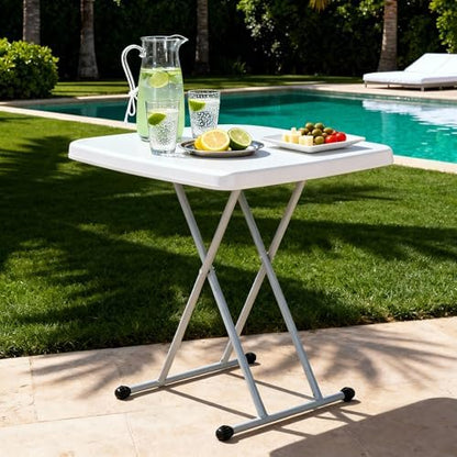 SUPER DEAL 2.5 Foot Plastic Folding Table, Indoor Outdoor Portable Heavy Duty Adjustable Height Kitchen or Camping Barbecues Picnic Party Tray Table, White