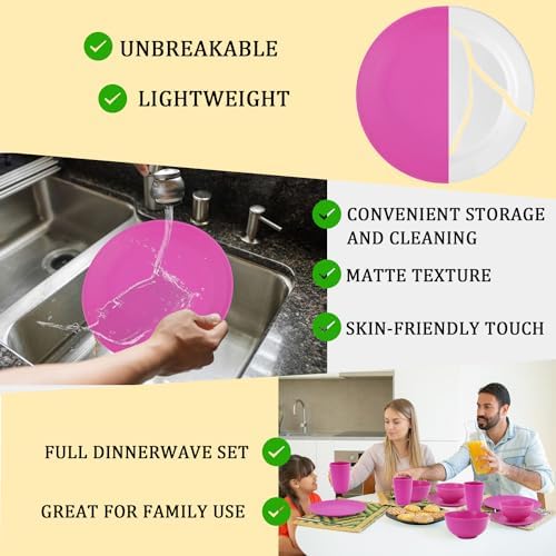 PYRMONT Wheat Straw Pink Plates and Bowls Sets 40 Pcs Unbreakable Dish Set