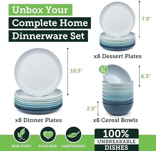 Grow Forward 24-piece Premium Wheat Straw Dinnerware Sets for 8 - Unbreakable Dishwasher & Microwave Safe Plastic Plates and Bowls Sets - Patio, Outdoors, RV, Camping Dishes - Seascape