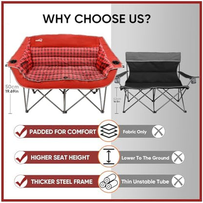 Colorsoul Double Folding Camping Chair,Fully Padded Loveseat Camping Couch,Oversized 2 Person Lawn Chair w/Cup Holder,Wine Glass Holder,Mesh Storage for Patio Picnic Beach,Support 600lbs,Red Plaid