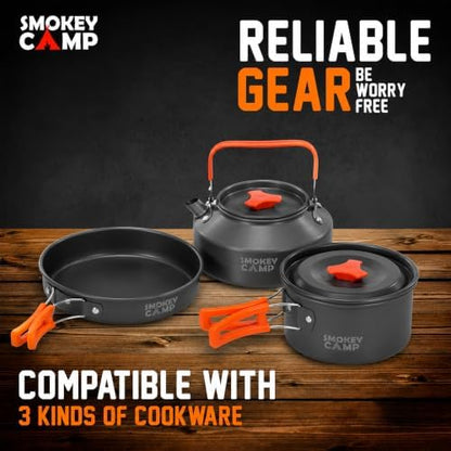 Smokey Camp Camping Cookware Mess Kit Set with Stove - Backpacking Camping Pots and Pans Set, All in One Non-Stick Camping Cooking Set, Portable Stove, Hiking, Picnic, Outdoor & Camping Cookware Set