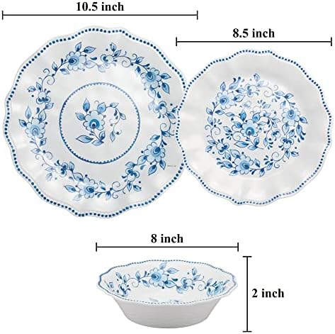 UPware 12 Piece Blue and White Floral Melamine Dinnerware Sets, Outdoor Dishes Set, Plates and Bowls Sets, Service for 4, Blue