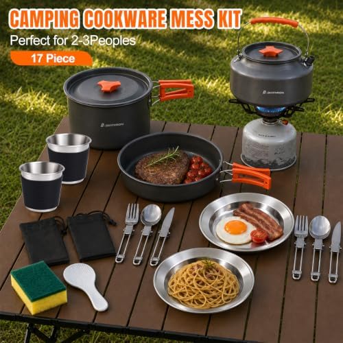 17-Piece Camping Cookware Set for 3-4 Campers with 1.1L Kettle