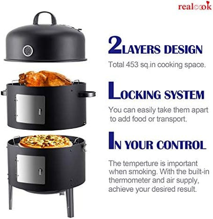 Realcook Vertical 17 Inch Steel Charcoal Smoker, Heavy Duty Round BBQ Grill