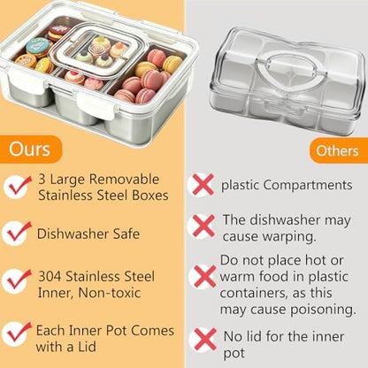 Snackle Box Container, Stainless Steel Divided Serving Tray with Lid and Handle, Large Snack Tray for Fruit Veggie Candy, 3-Compartment Snack Platter for Travel Party Beach Picnic
