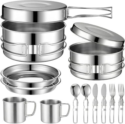14-Piece Camping Cookware Set, 304 Stainless Steel Pots and Pans