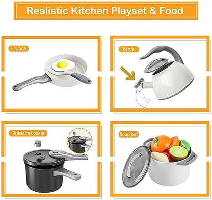 105Pcs Kids Kitchen Toy Accessories, Toddler Pretend BBQ Camping Cooking Playset, Play Pots, Pans, Utensils Cookware Toys, Play Food Set, Vegetables, Learning Gift for Girls Boys