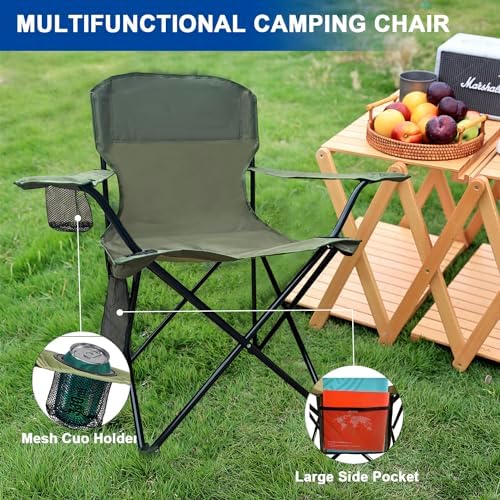 2PCS Folding Camping Collapsible Chairs Heavy Duty Lawn Chair with Cooler Bag, Storage Pocket, Waterproof Bag Outdoor Arm Chair, Supports 225LBS, Green