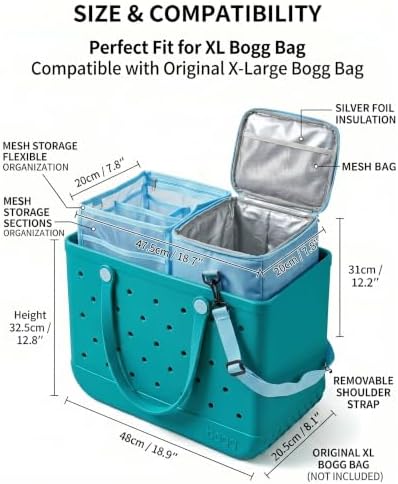 Insulated Cooler Organizer Insert Compatible with XL Bogg Bag,2-in-1 Dry-Wet Separate Tote Insert Leakproof Cooler&Mesh Storage Bag,Bogg Bag Accessories for Beach,Camping