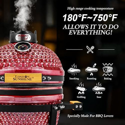 London Sunshine Ceramic BBQ Charcoal Kamado Grill 13 inch Portable Tabletop BBQ Grill with Stainless Steel Grates, pearlescent red