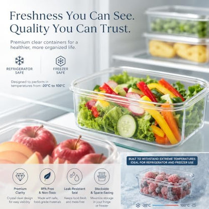 Lustroware Micro Clear Transparent Food Storage Containers with Lids – BPA-Free, Shatterproof, Dishwasher & Microwave Safe, 1.0 qt Stackable Refrigerator Organizer Bins, Made in Japan, Set of 6