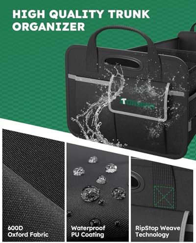 2-Compartment Trunk Organizer & Multi-Compartment Storage Box 600D Waterproof Oxford, with Reflective Strips and 8 Side Mesh Pockets for SUV, Sedan, Minivan- Heavy-Duty Car Organiser(65L)