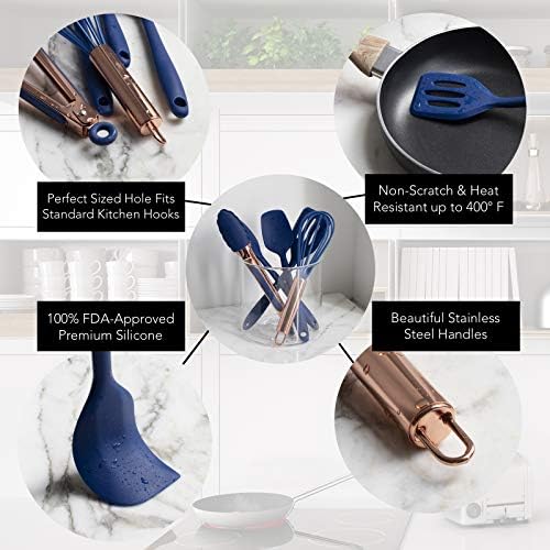 COOK WITH COLOR Silicone Cooking Utensils, Kitchen Utensil Set, Easy to Clean Silicone Kitchen Utensils, Cooking Utensils for Nonstick Cookware, Kitchen Gadgets Set, Mini, Navy