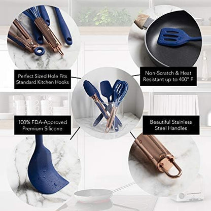 COOK WITH COLOR Silicone Cooking Utensils, Kitchen Utensil Set, Easy to Clean Silicone Kitchen Utensils, Cooking Utensils for Nonstick Cookware, Kitchen Gadgets Set, Mini, Navy
