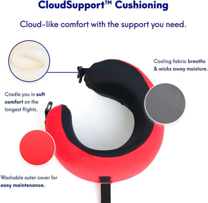 C CUSHION LAB Travel Pillow, Award-Winning Patented Ergonomic Design for Chin & Neck Support Memory Foam Neck Pillow, Compact Airplane Pillow for Traveling, Flight, Car (Bold Red, Medium)