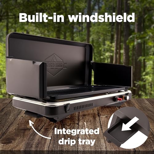 Hike Crew Gas Camping Grill | 13,000 BTU | Portable Propane Burner | Foldable Legs | Integrated Igniter & Included Regulator w/Stainless Steel Drip Tray | Wind Panels & Built-in Carrying Handle