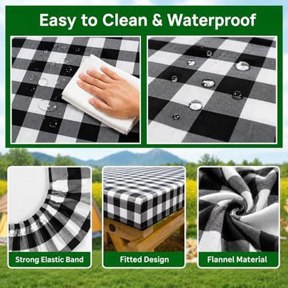 Premium Vinyl Fitted Picnic Table Cover with Bench Covers & Bag, Outdoor Waterproof & Windproof Durable Tablecloth with Elastic Edges, Camping Essentials, RV Gear, 72x30 Inches, Black Checkered - 6 FT
