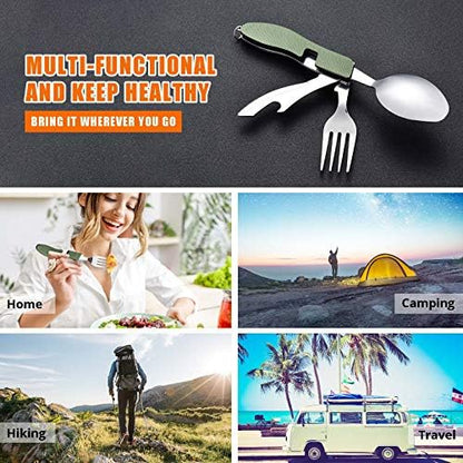 HIKENTURE Camping Utensils 2 Pack, 4-In-1 Spoon Fork Knife Set(Green 2pack)