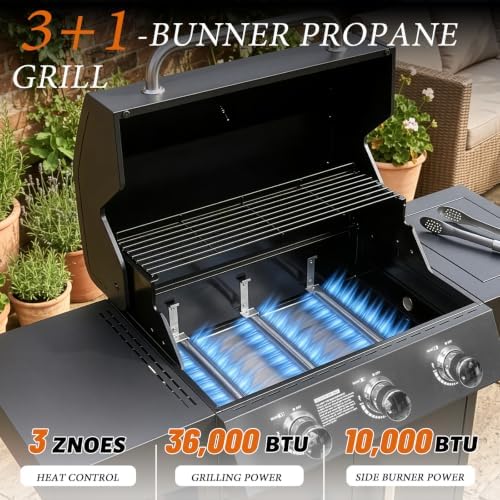 ROVSUN 3-Burner Propane Gas BBQ Grill with Side Burner & Enameled Cast Iron Grates, 46,000 BTU Barbecue Grill with Wheels for Outdoor Patio Backyard Cooking Grilling, Black