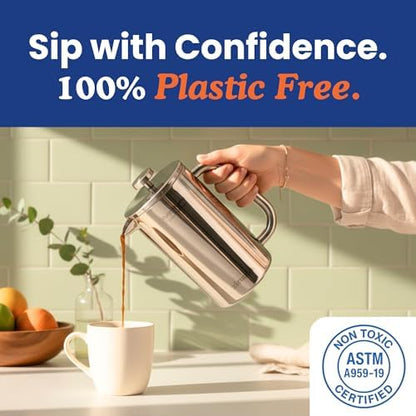 Non-Toxic Stainless Steel French Press, No Plastic or Heavy Metals, 34 oz