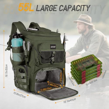 Goture Fishing Backpack with 4 Tackle Boxes,55L Tackle Backpack with Cooler