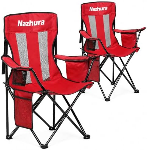 Nazhura 2 Pack Outdoor Camping Chairs Folding/Foldable/Portable with Cooler Pouch, Mesh Backrest and Cup Holder Pocket(Red, 2 Pack)