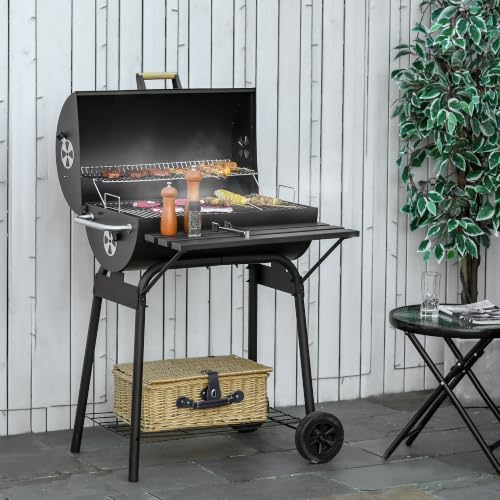 Outsunny 30" Portable Barrel Charcoal BBQ Grill w/Storage Shelf Black