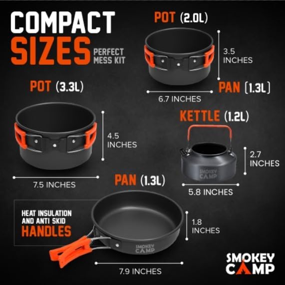 Smokey Camp Camping Cookware Mess Kit Set with Stove - Backpacking Camping Pots and Pans Set, All in One Non-Stick Camping Cooking Set, Portable Stove, Hiking, Picnic, Outdoor & Camping Cookware Set