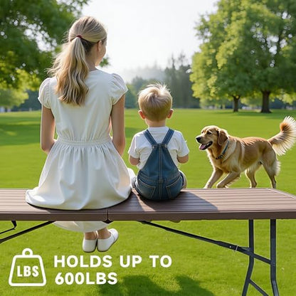 Folding Table 6 Foot, HDPE Wood Grain Pattern,Heavy Duty 600 lbs Capacity, Sturdy Design with Safety Lock, Portable & Foldable for Camping, Party, Indoor & Outdoor Use, 1 Pack.