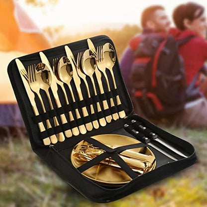 Picnic Dishes Utensils Gold Camping Flatware Set for 4 Portable Dinnerware Plates Silverware Forks Spoons knives Bottle Opener Food Tongs Complete Kit with Zipper Bag