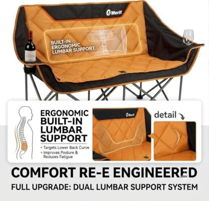 EMERIT Oversized Double Duo Camping Chair Folding Camping Loveseat 2 Person Camping Couch Heavy Duty Lawn Chairs for Outside with Padded Seats & Armrests-Support 650LBS