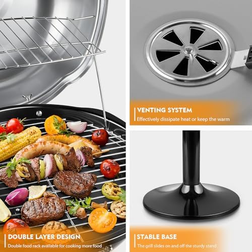 Electric Grill, Techwood Indoor/Outdoor Electric BBQ Grill, 1600W Portable Removable Stand Grill with Adjustable Heat & Drip Tray, Double Layer Design for Party, Patio & Backyard, Dust Cover(Silver)